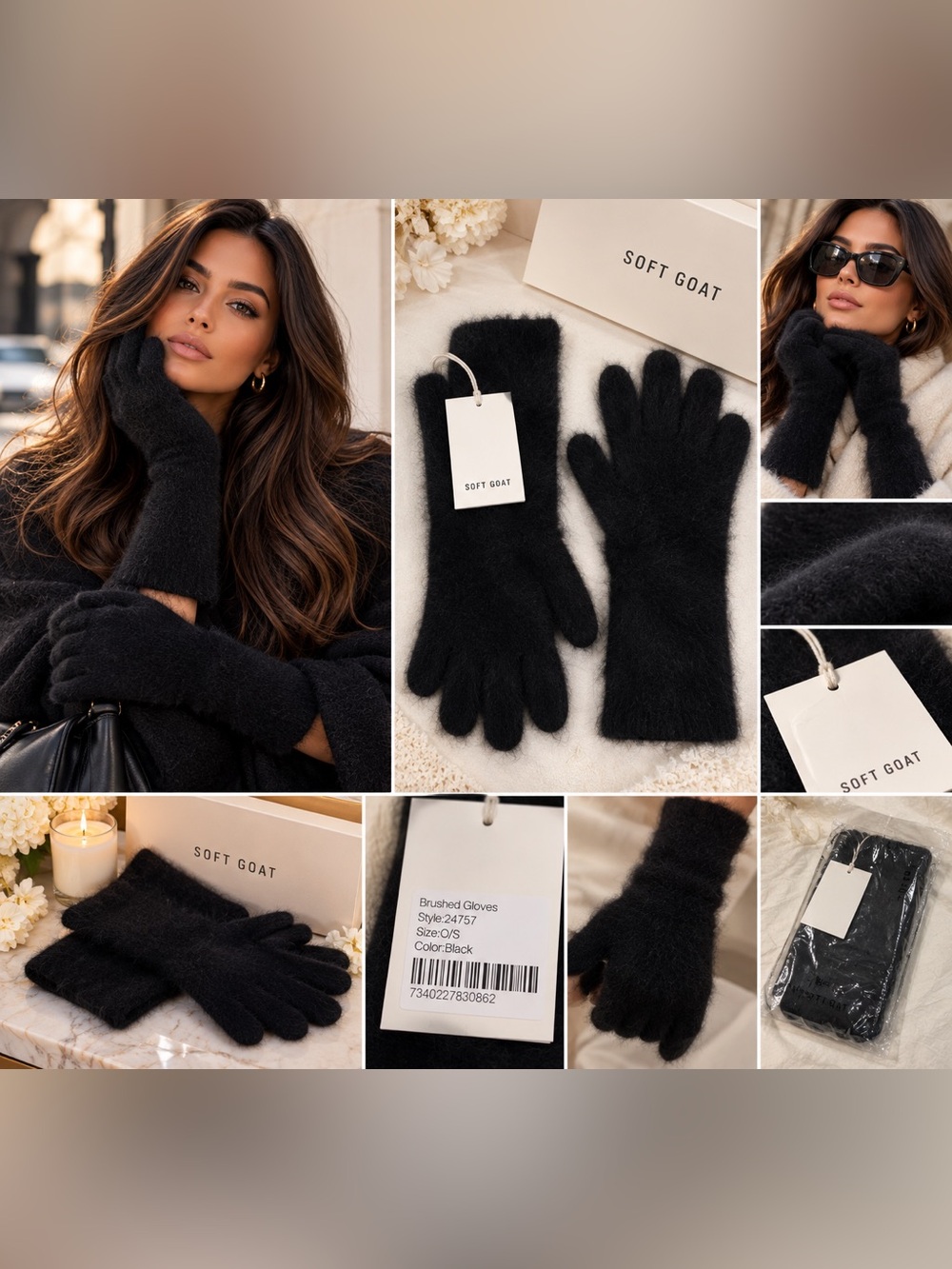 Soft Goat Brushed Cashmere Gloves Black 100% Cashmere NWT